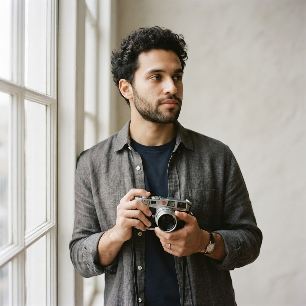 Portrait of Leopold Yang holding a film camera